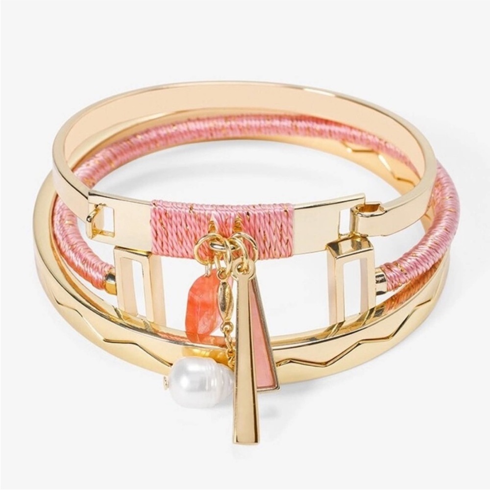 WHBM Cherry Quartz& Pearl Gold Tone and Pink Stacking 4 Piece Bracelet Set